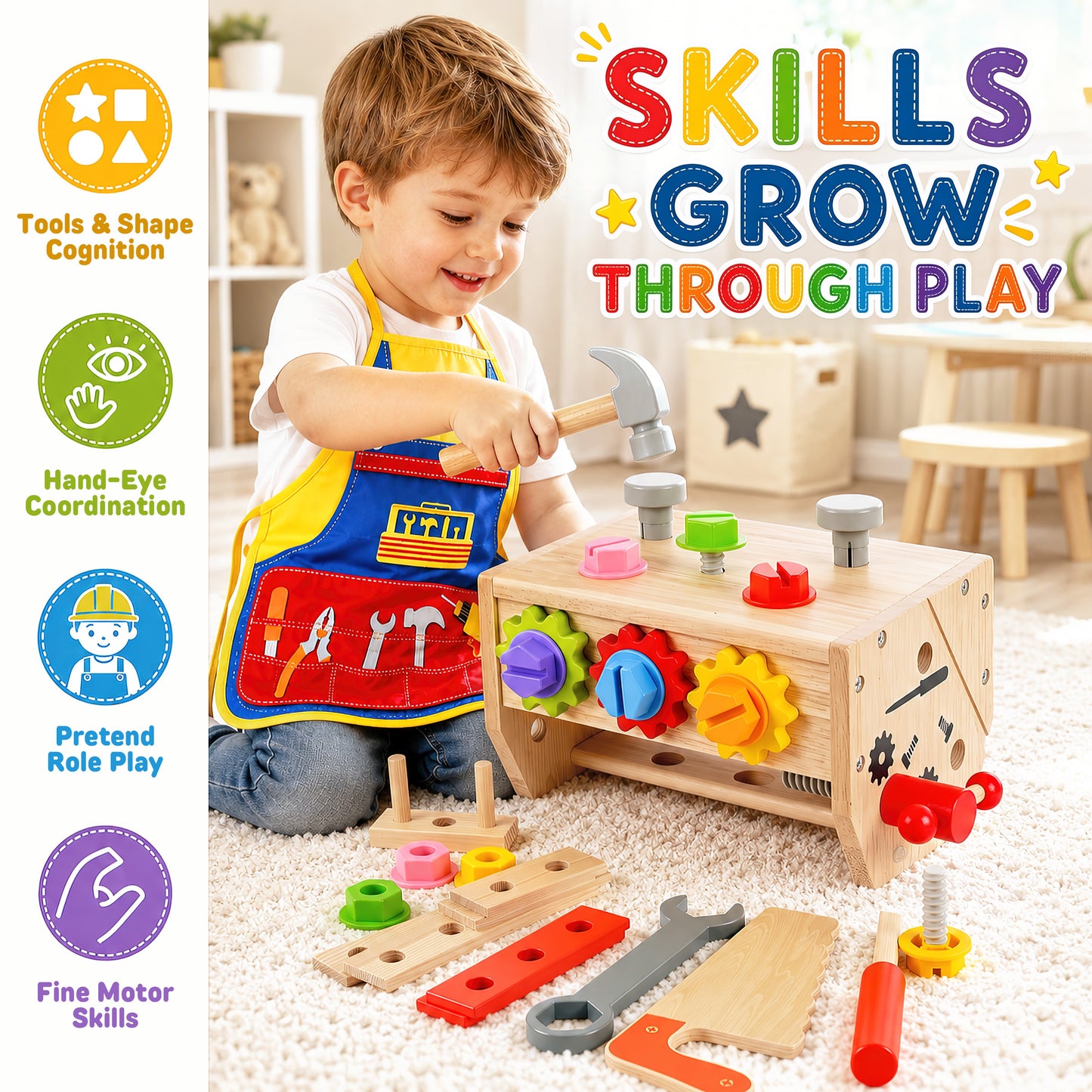 QIAHO Kids Tool Set, 34 Pcs Wooden Toddler Tool Box & Workbench with Apron, STEM Montessori Pretend Play Construction Toys for Boys Girls Ages 3-8