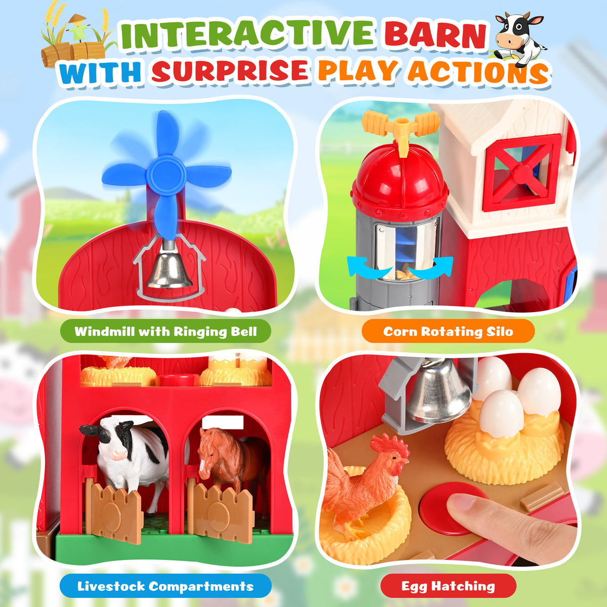 QIAHO Big Red Barn Farm Animal Toys with Sound Effects, 21 Pieces Take Along Farm Playset for Toddlers, Montessori Learning Toy with 10 Animal Figurines for Pretend Play