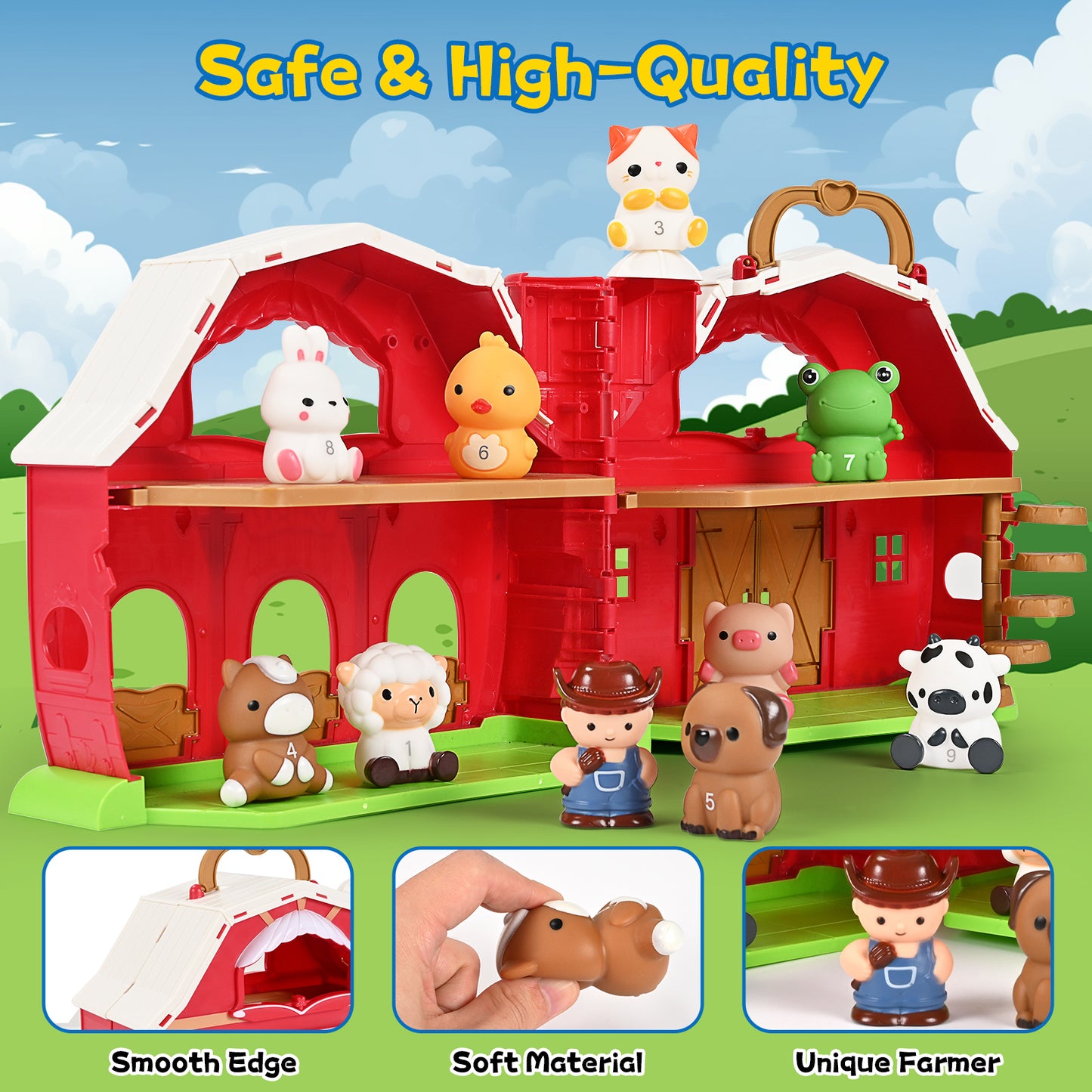 QIAHO Farm Animal Toys Take Along Barn Doll House Farm Playset for Toddlers Montessori Toys with Animals Finger Puppets 2 DIY Stickers Birthday Gift