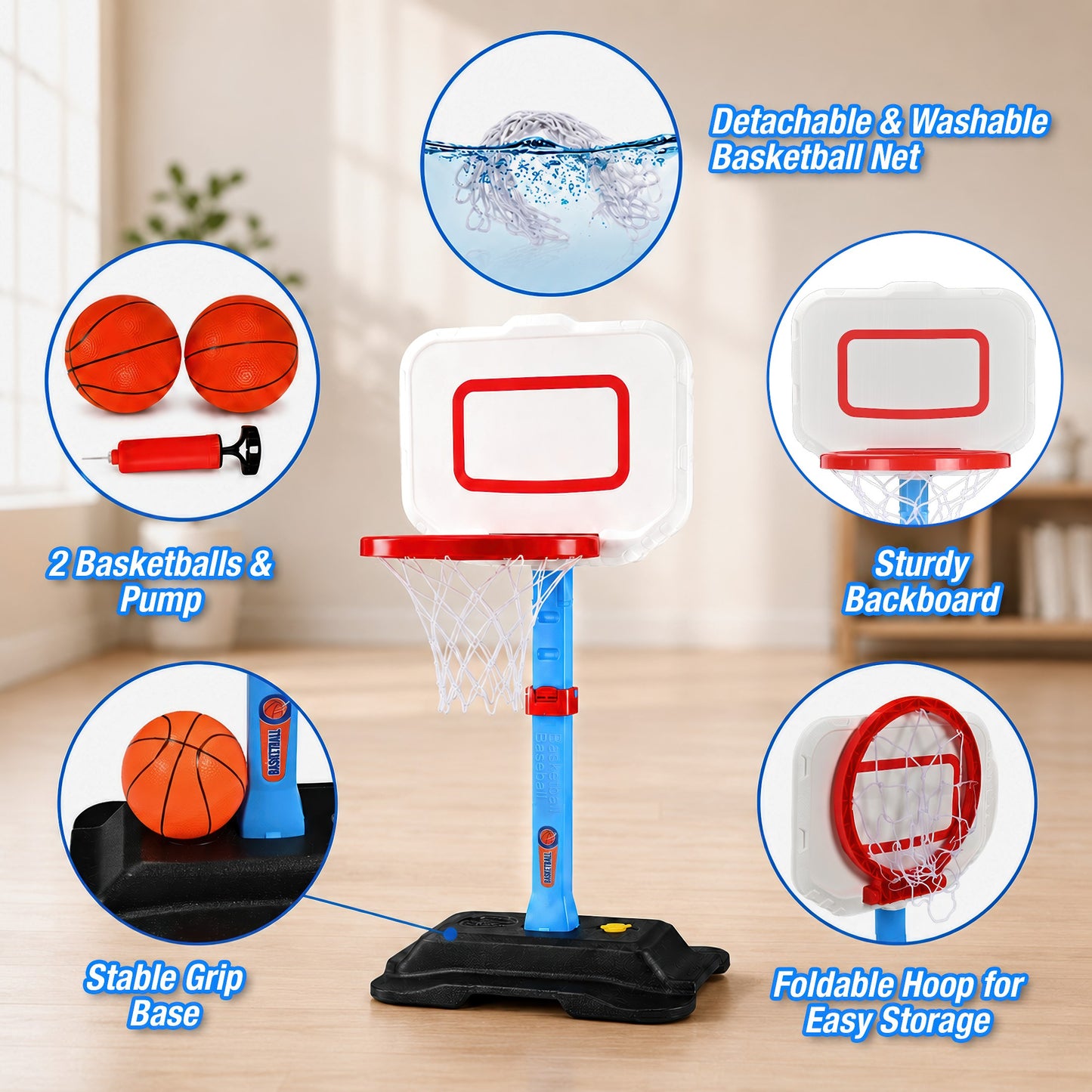 QIAHO Toddler Basketball Hoop, Adjustable Height Indoor Outdoor Mini Basketball Goal with 2 Balls & Pump, Poolside Backyard Sports Toy Gift for Boys Girls Ages 3-5