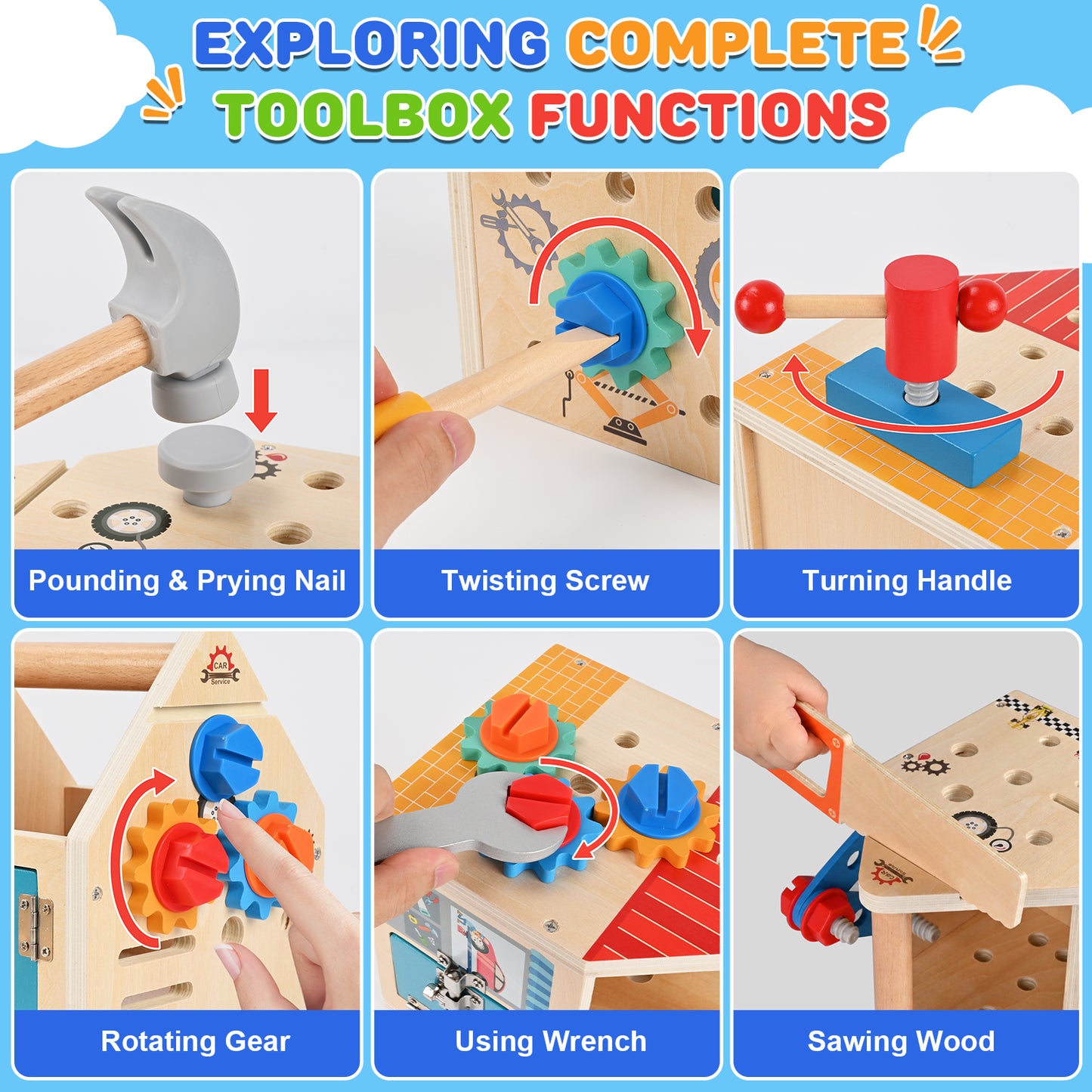 QIAHO Kids Tool Set, 34 Pcs Wooden Toddler Tool Box with Apron, Portable STEM Educational Pretend Play Construction Toys, Birthday Gift for for Boys Girls Ages 3-8