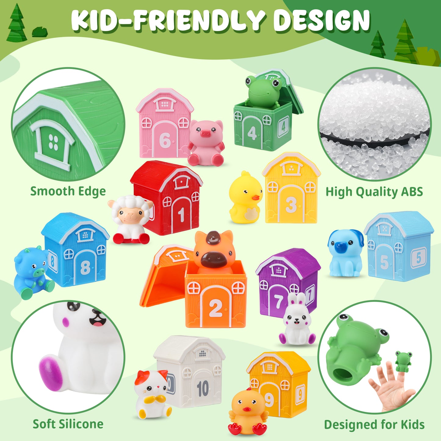 Montessori Toys for Toddlers, 20Pcs Farm Animal Toy Counting, Matching, Sorting Preschool Learning Toy Barn Toy including 10 Barns,10 Finger Puppets and 2 DIY Stickers