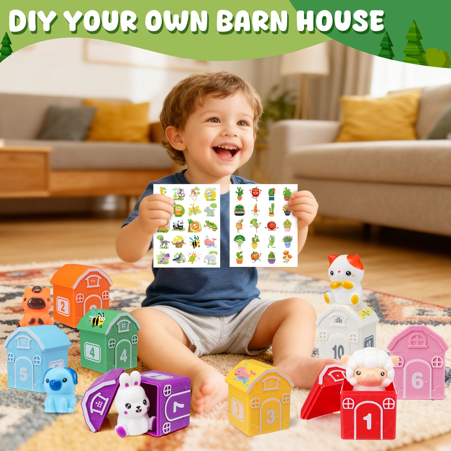 Montessori Toys for Toddlers, 20Pcs Farm Animal Toy Counting, Matching, Sorting Preschool Learning Toy Barn Toy including 10 Barns,10 Finger Puppets and 2 DIY Stickers