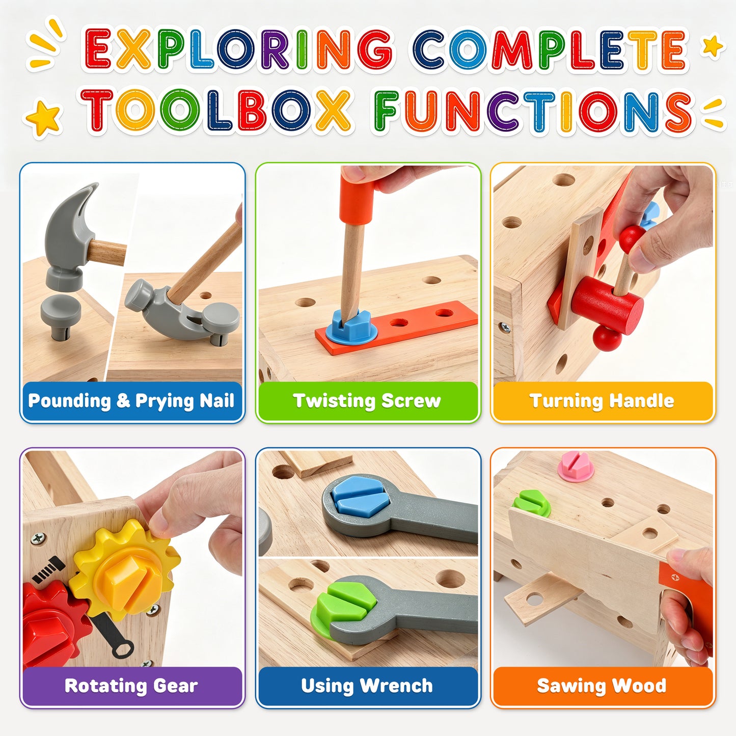 QIAHO Kids Tool Set, 34 Pcs Wooden Toddler Tool Box & Workbench with Apron, STEM Montessori Pretend Play Construction Toys for Boys Girls Ages 3-8