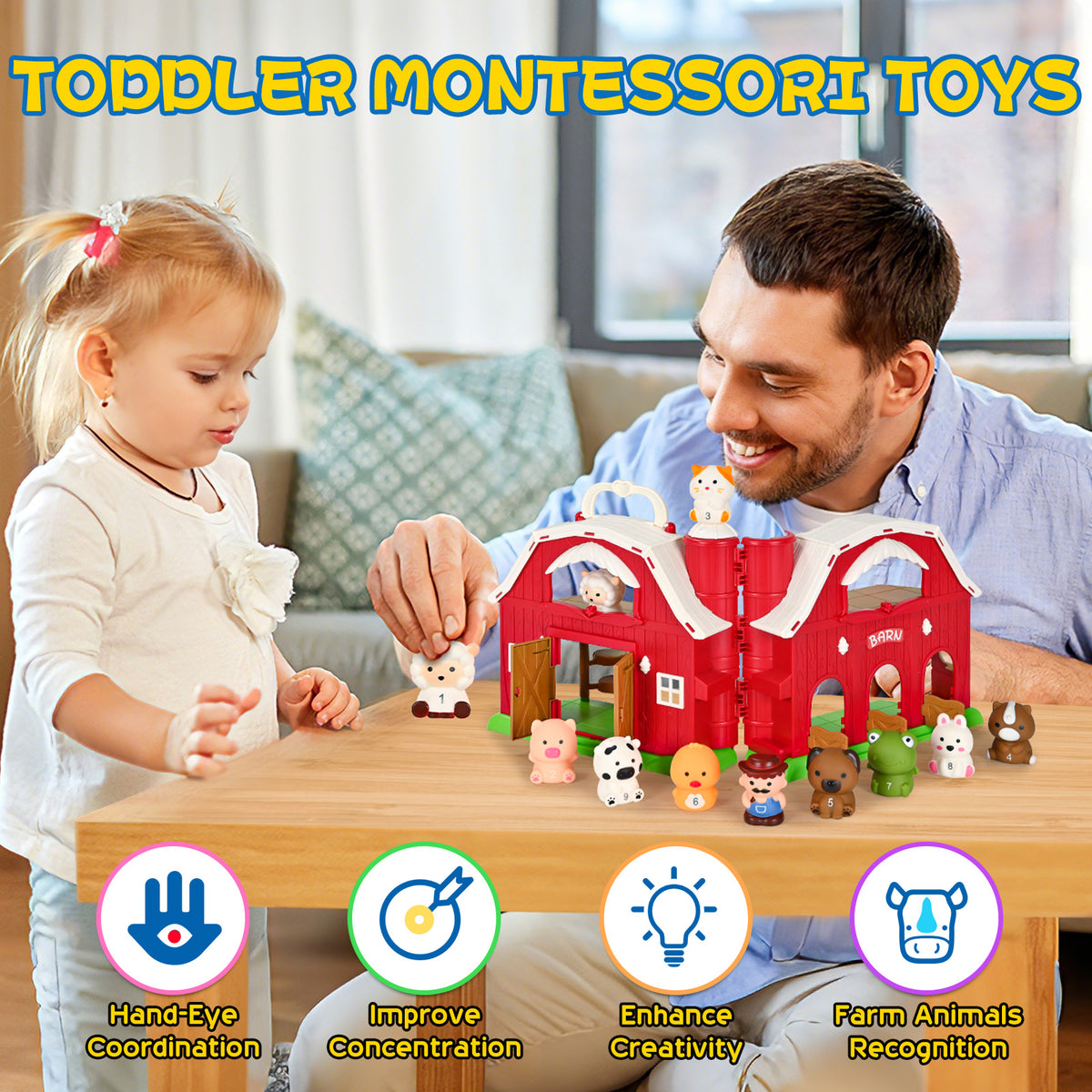 QIAHO Farm Animal Barn Toys Portable Doll House with Finger Puppets & DIY Stickers, Montessori Pretend Play Toy for Toddlers Birthday Gift
