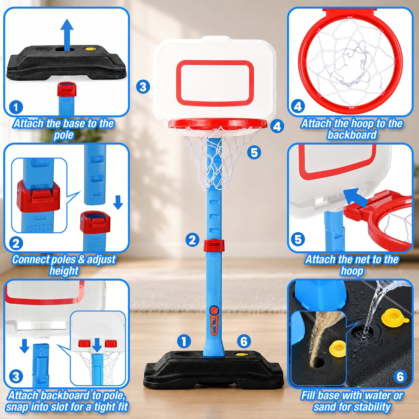 QIAHO Toddler Basketball Hoop, Adjustable Height Indoor Outdoor Mini Basketball Goal with 2 Balls & Pump, Poolside Backyard Sports Toy Gift for Boys Girls Ages 3-5