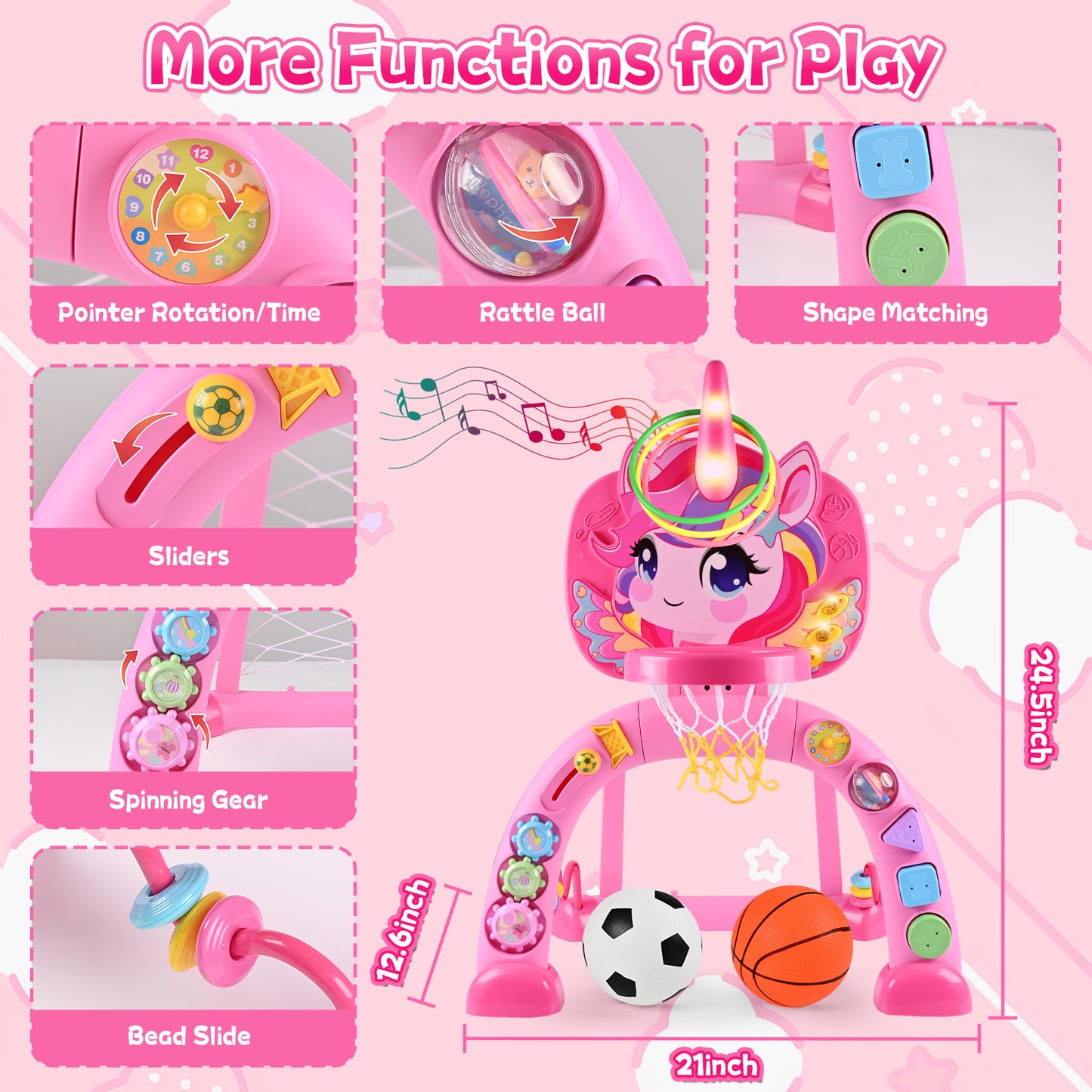 Toddler Basketball Hoop & Soccer Goal, 3 in 1 Fantasy Baby Activity Center Toys with Ring Toss, 30+ Sound Music, Indoor & Outdoor Sport Toys Birthday Gifts for Girls Boys Ages 1-3