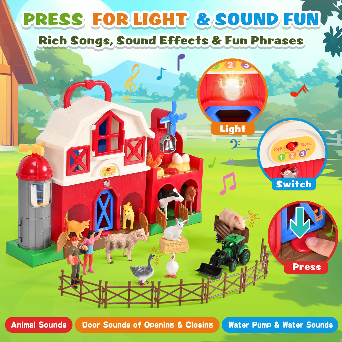 QIAHO Big Red Barn Farm Animal Toys with Sound Effects, 21 Pieces Take Along Farm Playset for Toddlers, Montessori Learning Toy with 10 Animal Figurines for Pretend Play