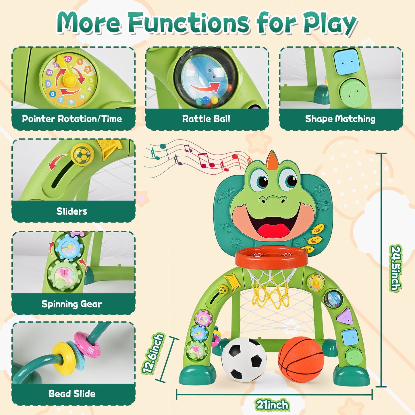 QIAHO Toddler Basketball Hoop & Soccer Goal, 2 in 1 Dinosaur Baby Activity Center Toys with 30+ Sound Music, Indoor & Outdoor Sport Toys Birthday Gifts for Baby Boys Girls Ages 3+