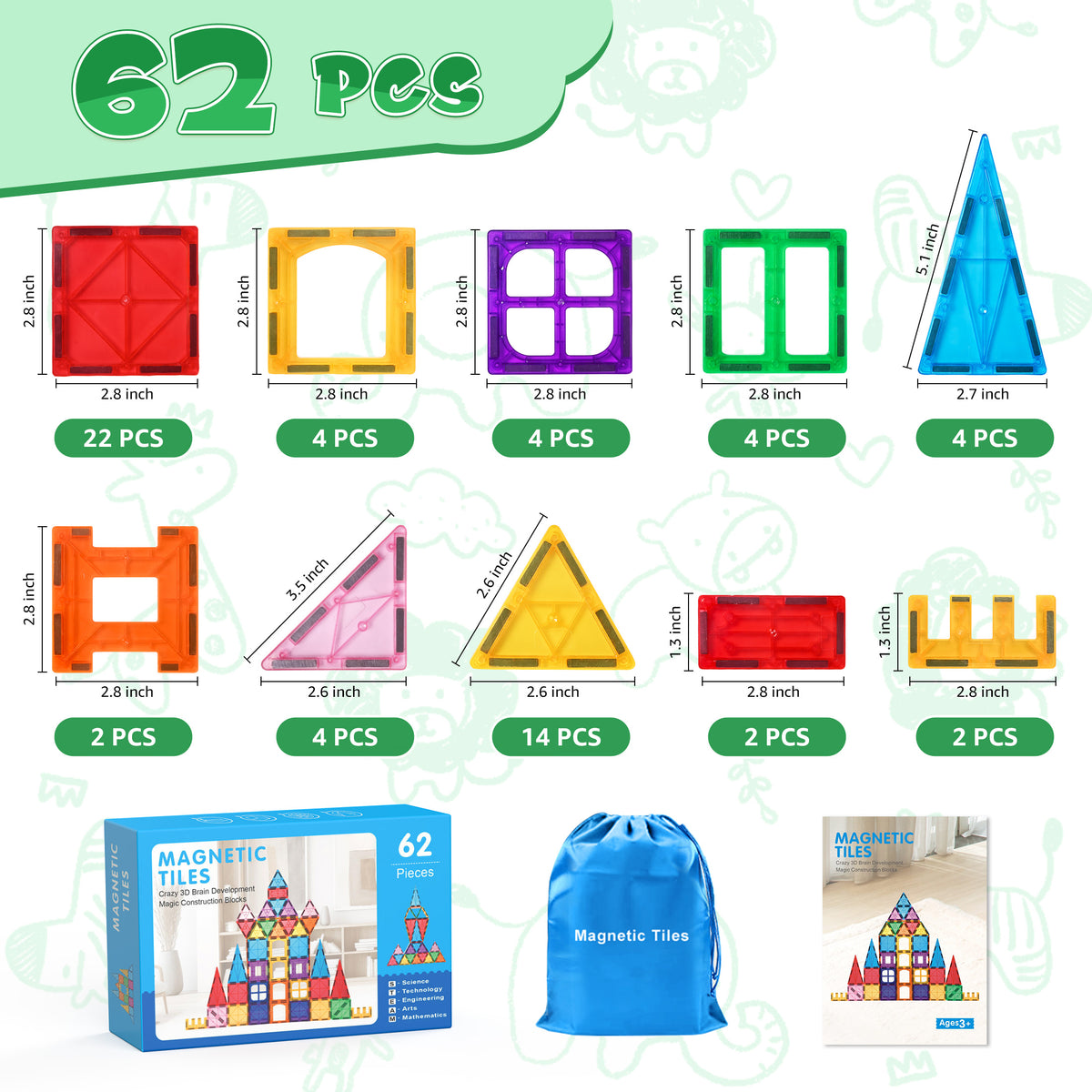 QIAHO Magnetic Tiles Toddler Toys 62 PCS Colorful Magnetiles Building Blocks STEM Toys for Boys & Girls Preschool Learning