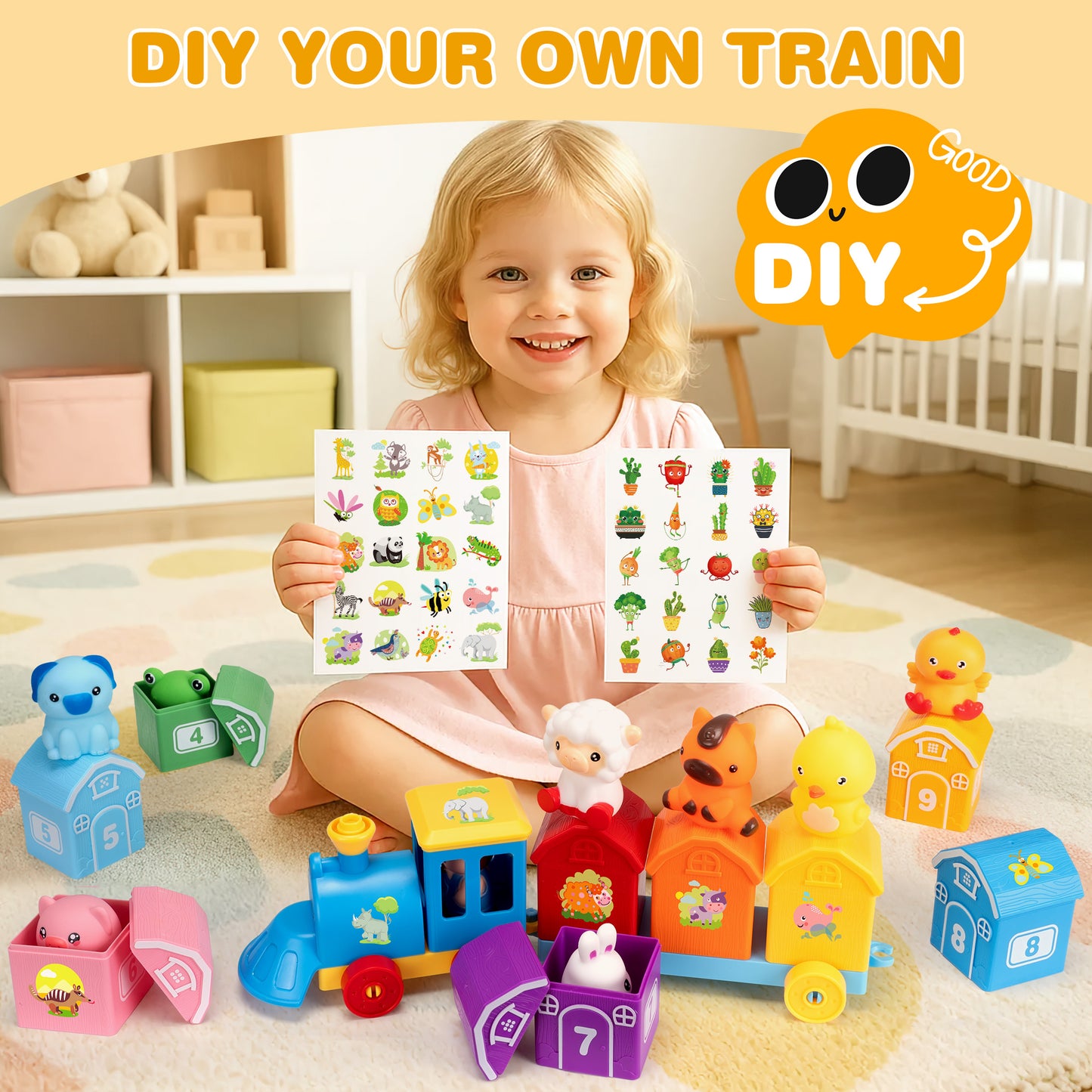 Montessori Toys for Toddlers 18M+ Years Old, Counting, Matching, Sorting Preschool Learning Toy Farm Animal Train Set including 9 Barns,10 Finger Puppets and 2 Stickers Birthday Gift for Baby Boys