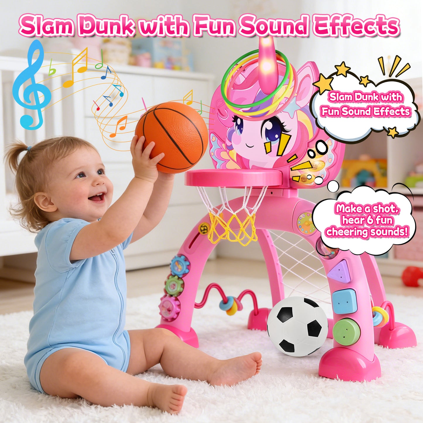 Toddler Basketball Hoop & Soccer Goal, 3 in 1 Fantasy Baby Activity Center Toys with Ring Toss, 30+ Sound Music, Indoor & Outdoor Sport Toys Birthday Gifts for Girls Boys Ages 1-3