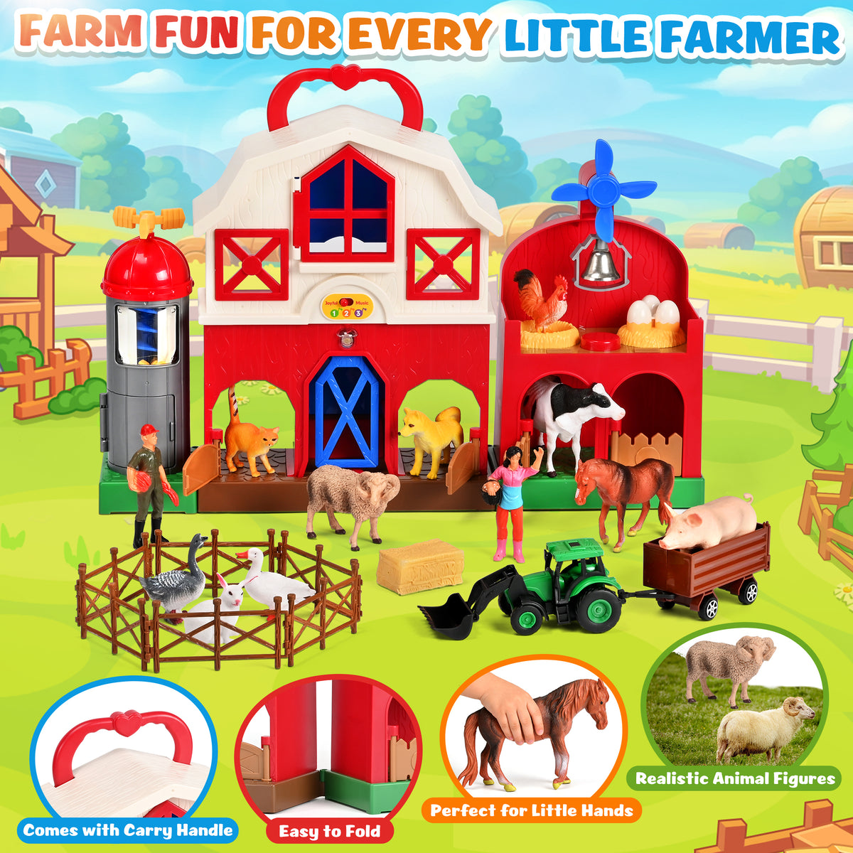 QIAHO Big Red Barn Farm Animal Toys with Sound Effects, 21 Pieces Take Along Farm Playset for Toddlers, Montessori Learning Toy with 10 Animal Figurines for Pretend Play