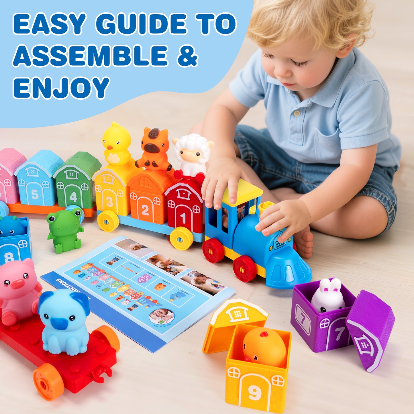 Montessori Toys for Toddlers 18M+ Years Old, Counting, Matching, Sorting Preschool Learning Toy Farm Animal Train Set including 9 Barns,10 Finger Puppets and 2 Stickers Birthday Gift for Baby Boys