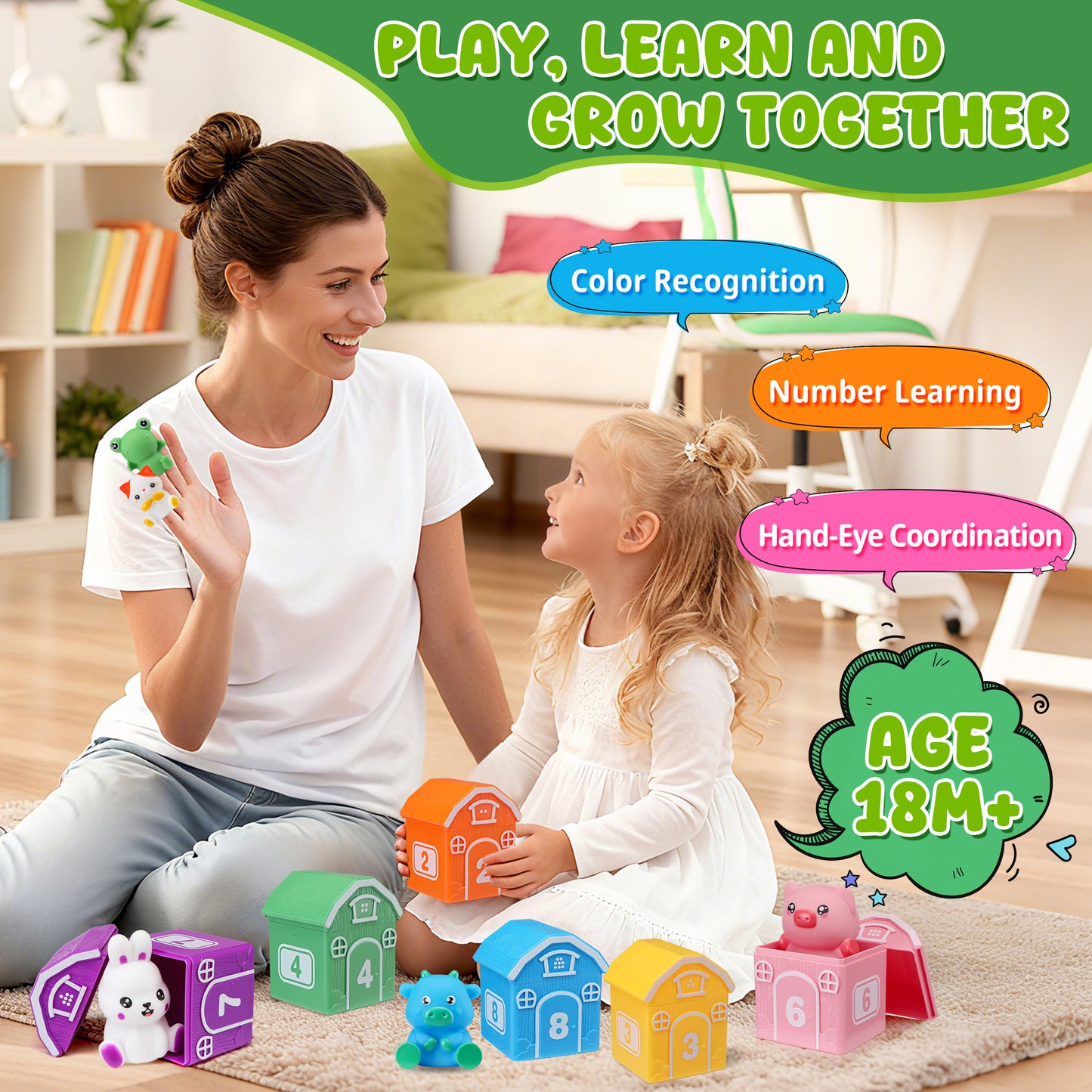 Montessori Toys for Toddlers, 20Pcs Farm Animal Toy Counting, Matching, Sorting Preschool Learning Toy Barn Toy including 10 Barns,10 Finger Puppets and 2 DIY Stickers