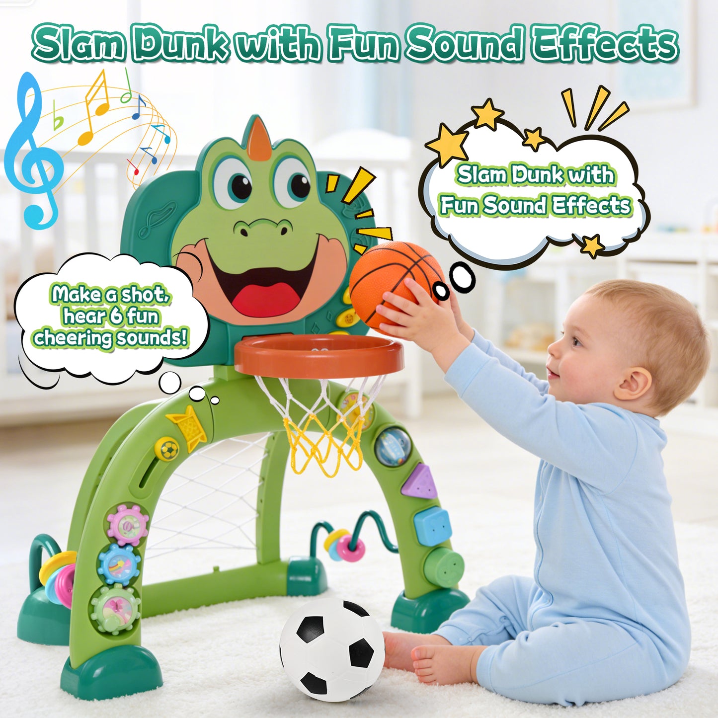 QIAHO Toddler Basketball Hoop & Soccer Goal, 2 in 1 Dinosaur Baby Activity Center Toys with 30+ Sound Music, Indoor & Outdoor Sport Toys Birthday Gifts for Baby Boys Girls Ages 3+