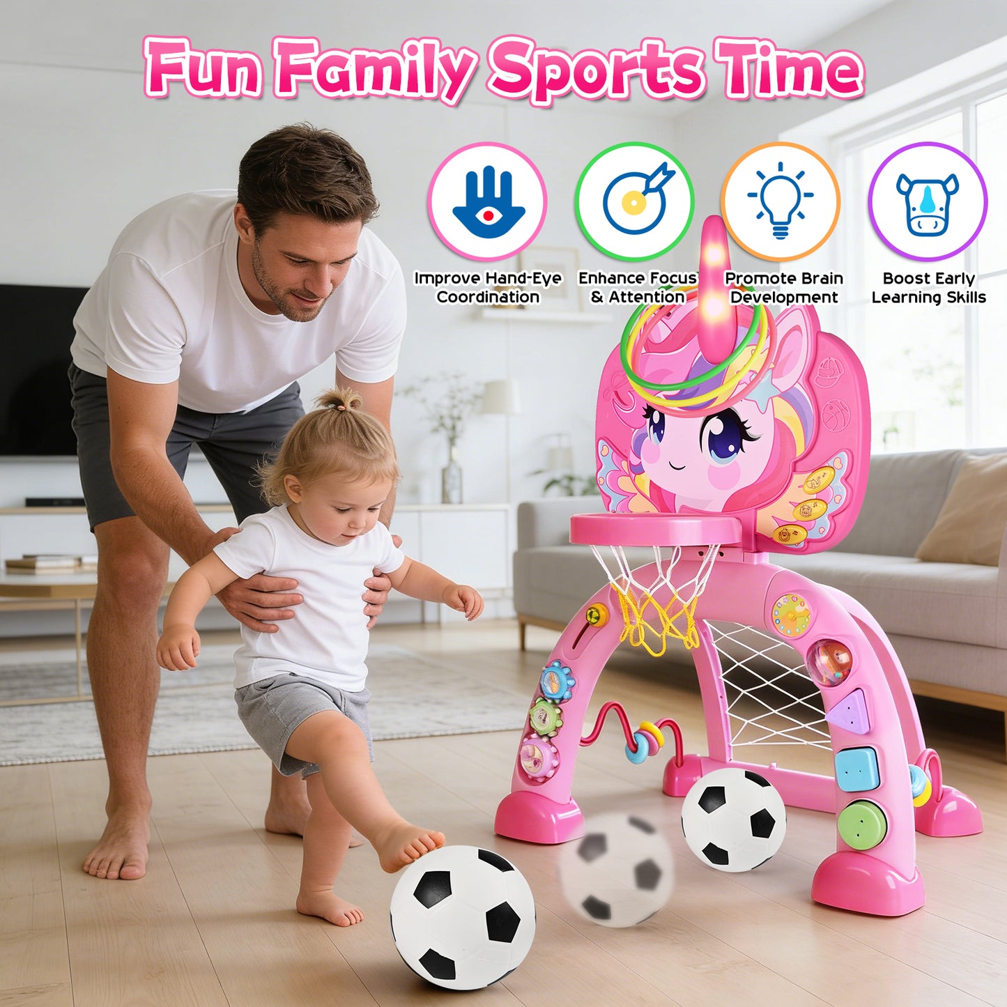 Toddler Basketball Hoop & Soccer Goal, 3 in 1 Fantasy Baby Activity Center Toys with Ring Toss, 30+ Sound Music, Indoor & Outdoor Sport Toys Birthday Gifts for Girls Boys Ages 1-3