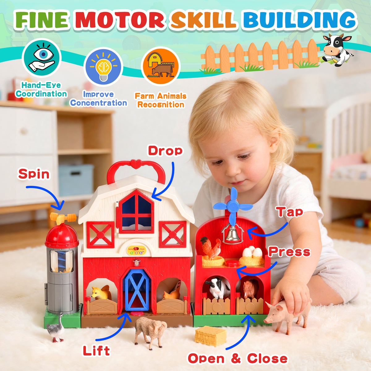 QIAHO Big Red Barn Farm Animal Toys with Sound Effects, 21 Pieces Take Along Farm Playset for Toddlers, Montessori Learning Toy with 10 Animal Figurines for Pretend Play