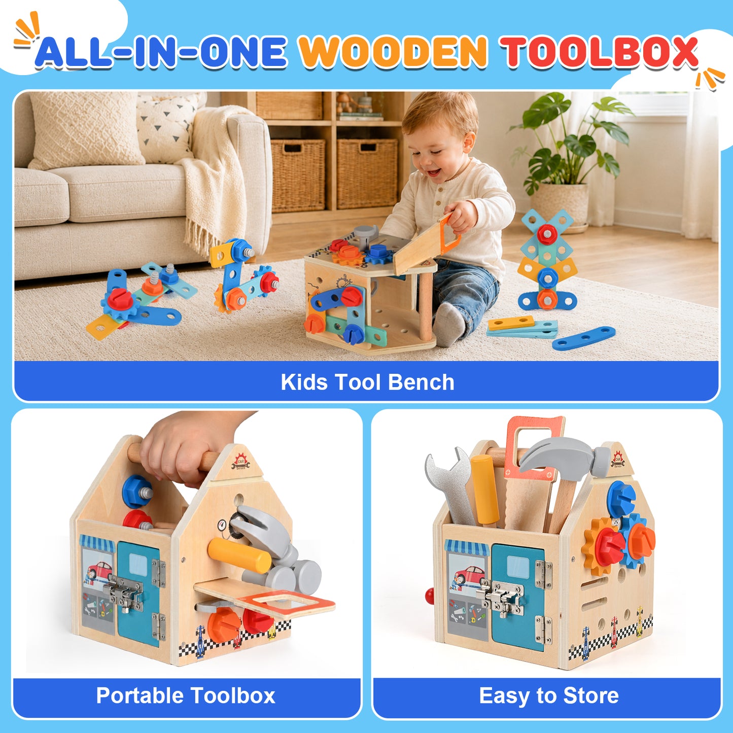 QIAHO Kids Tool Set, 34 Pcs Wooden Toddler Tool Box with Apron, Portable STEM Educational Pretend Play Construction Toys, Birthday Gift for for Boys Girls Ages 3-8