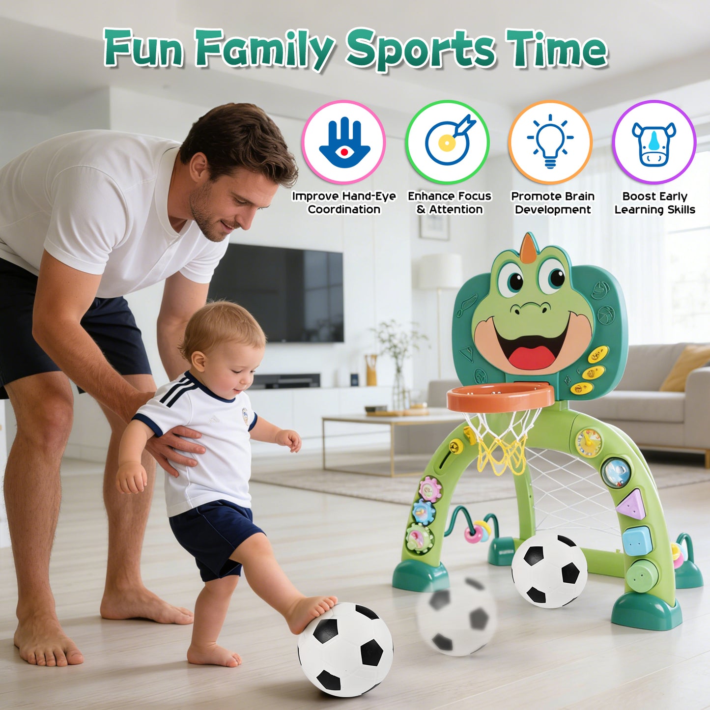 QIAHO Toddler Basketball Hoop & Soccer Goal, 2 in 1 Dinosaur Baby Activity Center Toys with 30+ Sound Music, Indoor & Outdoor Sport Toys Birthday Gifts for Baby Boys Girls Ages 3+