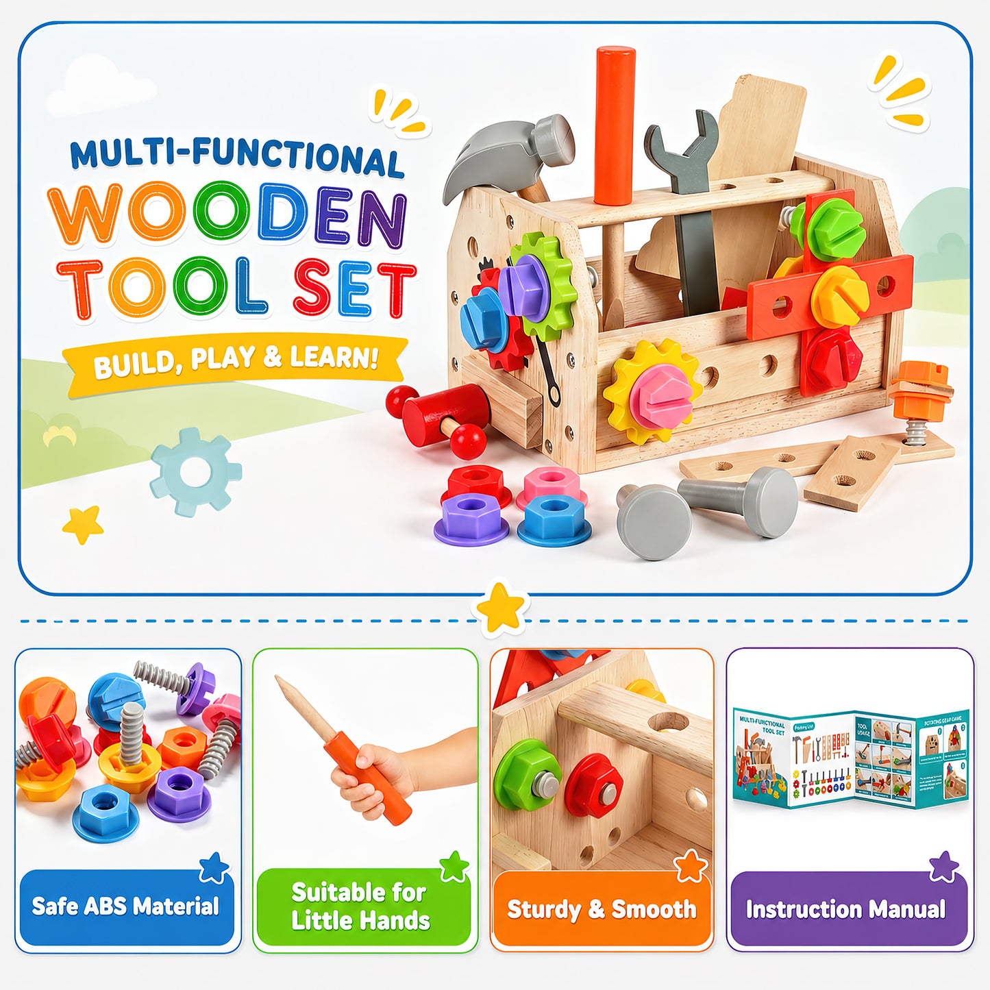 QIAHO Kids Tool Set, 34 Pcs Wooden Toddler Tool Box & Workbench with Apron, STEM Montessori Pretend Play Construction Toys for Boys Girls Ages 3-8